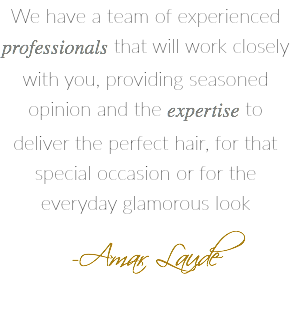 We have a team of experienced professionals that will work closely with you, providing seasoned opinion and the expertise to deliver the perfect hair, for that special occasion or for the everyday glamorous look -Amar Laude